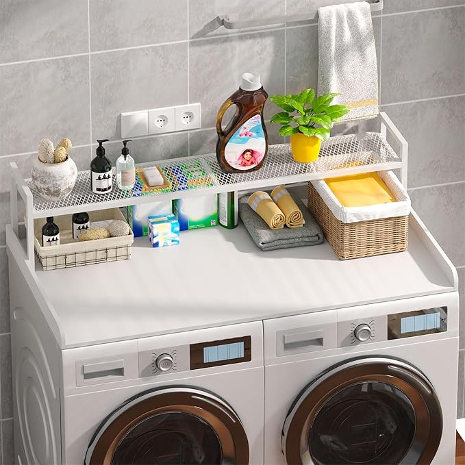 Washer Dryer Countertop with Shelf, 54" x 27.5" Wooden Washer and Dryer Topper, Laundry Countertop with Anti-Slip Pads, Washer Dryer Topper for Laundry Room Organization and Storage (White)