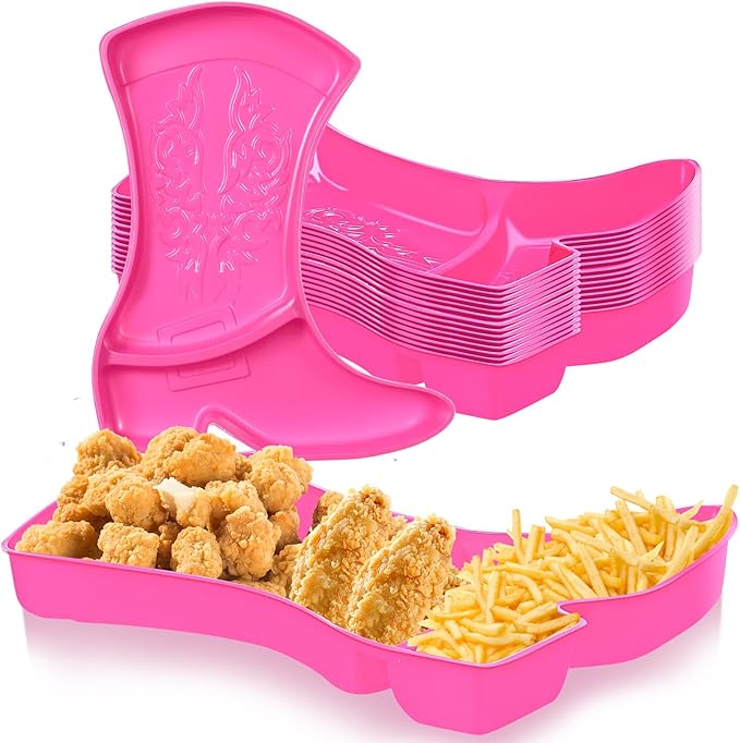 Uiifan 24 Pcs Cowboy Boot Party Serving Trays, Disposable Plastic Compartment Plates Boot Shaped Plates Western Theme Party Decorations Tableware for Cowboy Cowgirl Birthday Supplies(Pink)