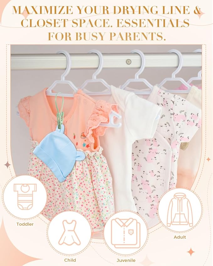 100 Pack Multi Purpose Laundry Hanging Clips with Rope, Heavy Duty Hanger Hooks for Baby Clothes, Pants, Socks, Hats (Light Blue, Light Gray, Light Pink, Green, Light Yellow)