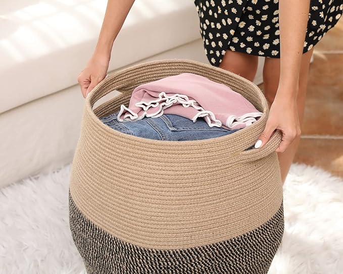 26"x20" Handcrafted Tall Cotton Rope Basket with Lid, Stylish Flagon Shape with Cover, Clothes Hamper with Top, for Bedroom and Living Room, Jute/Black Mix