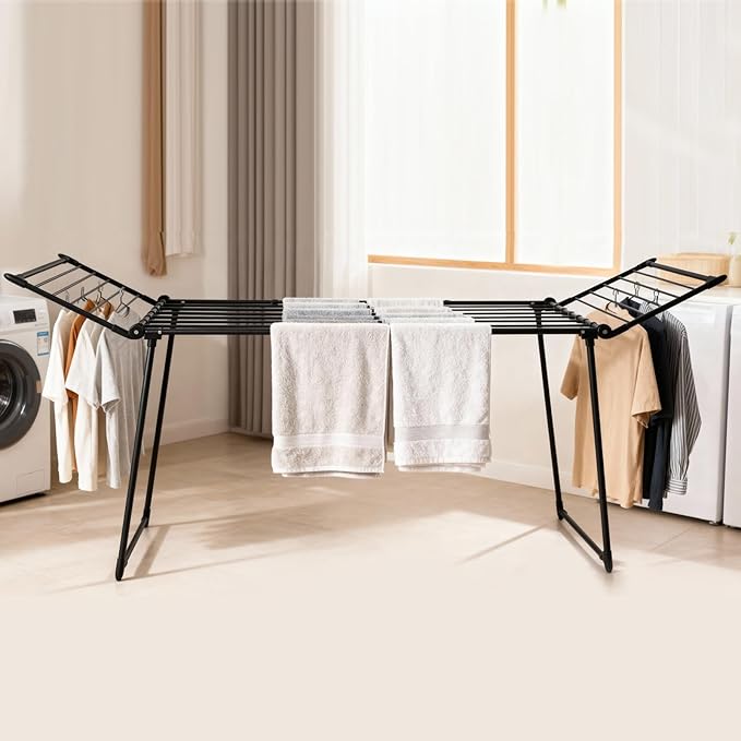Expandable Clothes Drying Rack, Gullwing Laundry Drying Rack, Space-Saving, Towels, Linens, Indoor, Outdoor Black