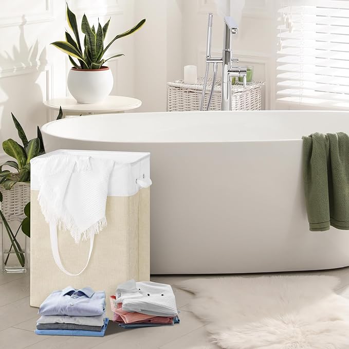 Stero Fabric Laundry Hamper 2 PACK, 75L Large Laundry Basket with Handles, Collapsible Dirty Clothes Hamper for Laundry Dorm, Bedroom, Bathroom, White&Beige