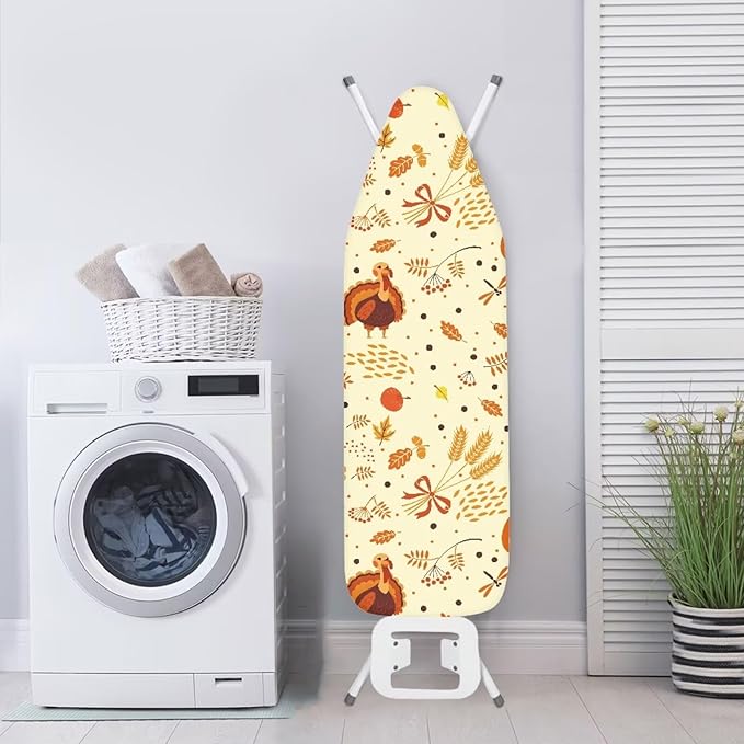 GLENLCWE Beige Ironing Board Cover,Thanksgiving Turkey Print Iron Pad Covers Non Slip with Hook and Loop,Thick Padding Iron Board Cover Protector Washable