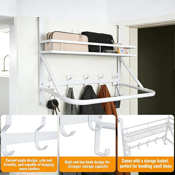 Over The Door Clothes Hanger, Metal Over The Door Hangers for Clothes with 7 Hooks1 Storage Basket For Clothing Hanger Drying Racks for Laundry, Bedroom, Washroom wait（white）