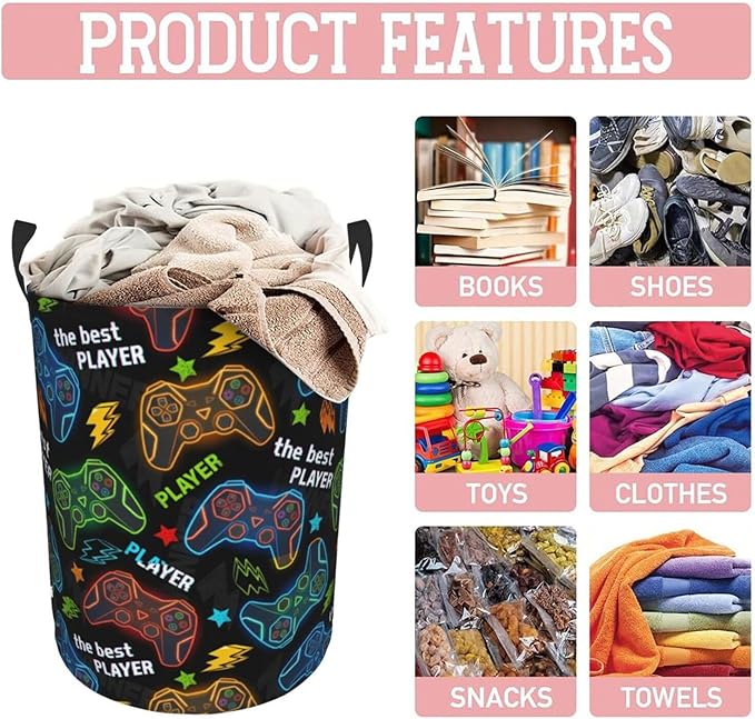 Game Round Laundry Hamper Gaming Gamer Storage Basket Toys Clothes Organizer Bin For Home Bathroom Bedroom Dorm Nursery, 38l