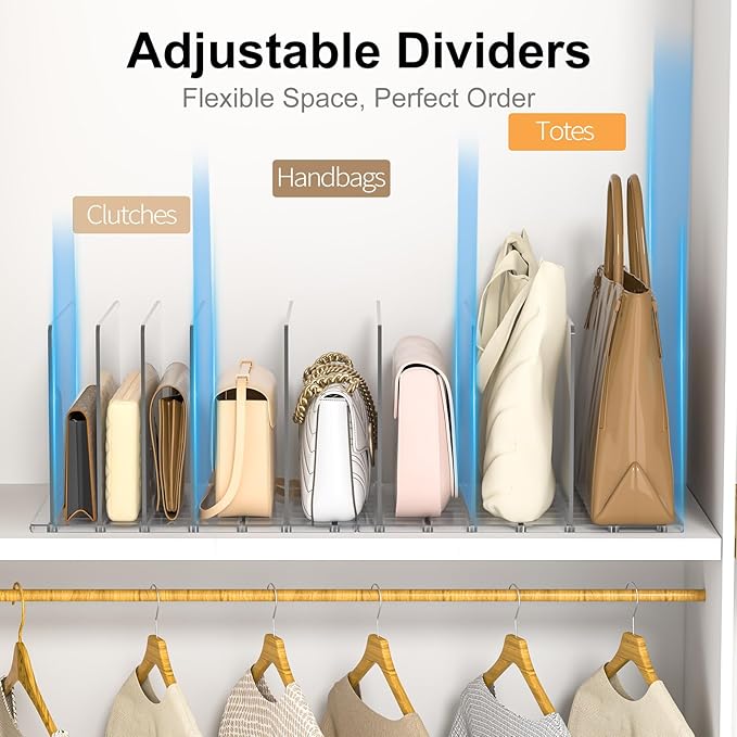 Bag Purse Organizer for Closet: Shelf Dividers Adjustable Acrylic Handbag Storage - Plastic Closet Organizers and Storage for Clutches - Keep Carteras & Pocketbook Upright