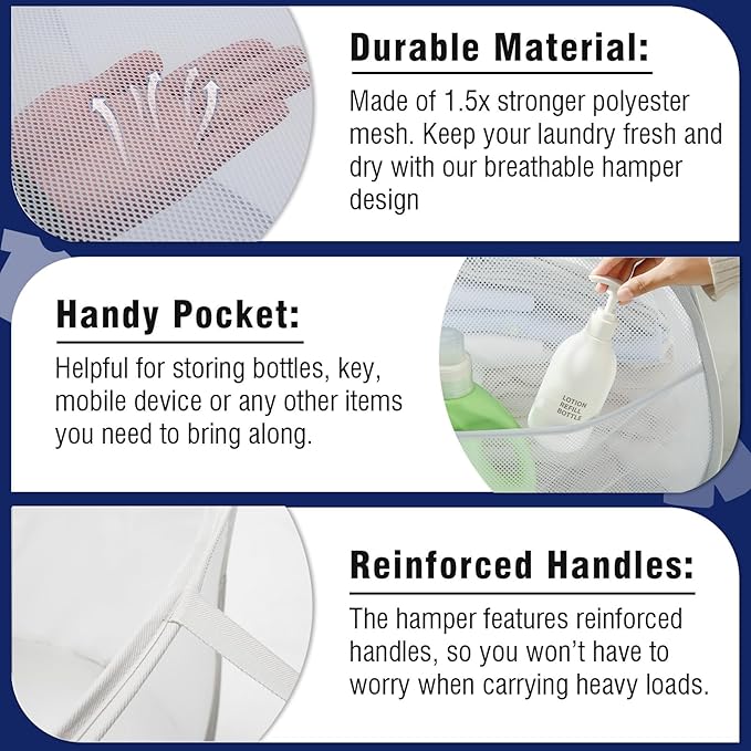 TECHMILLY Collapsible Mesh Pop Up Laundry Hamper with Strong Handles, Large Opening Clothes Hamper with Side Pockets, Storage Baskets for Dorm, Laundry Room, Bathroom or Travel (White, 90L)