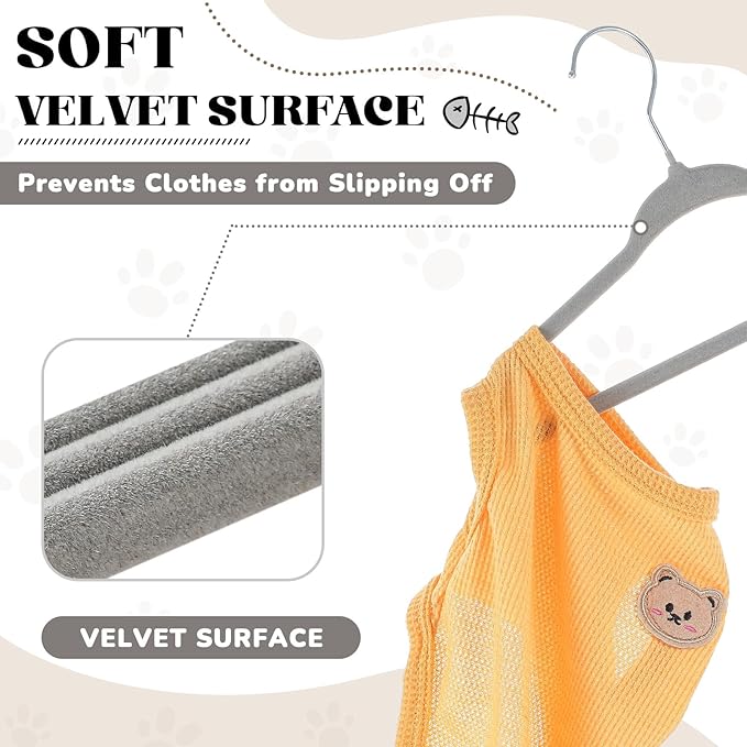 Weysat 12 Pcs Gray Dog Clothes Hangers 11'' Non-Slip & 360° Swivel Velvet Small Pet Hangers for Cats/Dogs with Rustproof Metal Hooks, Space-Saving for Home Storage & Grooming Salons Minimalism