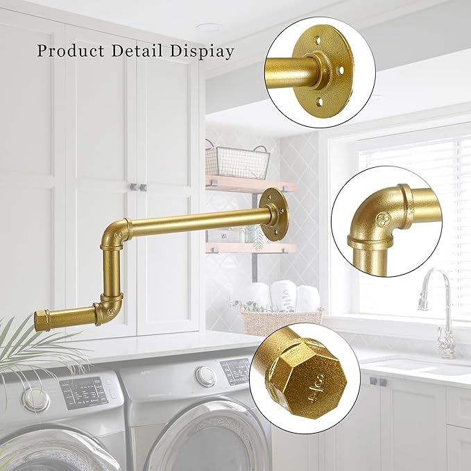 Sumnacon 2 Pcs 15 Inch Industrial Pipe Clothes Bars - Rustic Iron Coat Rack Hangers with Screws, Sturdy Metal Garment Rack Holders for Bathroom Cabinet Laundry Room Boutique Store,Gold