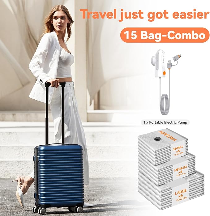 Vacuum Bags for Travel with USB and TYPE C Pump, 15 Pack Carry-on Size Compression Packing Bags for Luggage and Suitcase, Space Saver for Clothes and Clothing Travel（Grey）