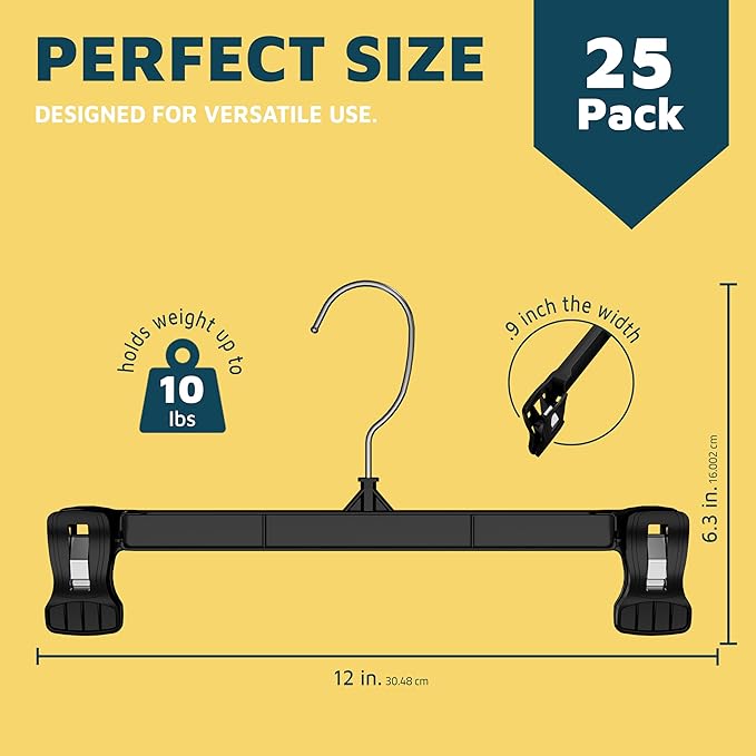 Lifemaster Pants Hangers with Clips Pack of 25, 12-Inch Heavy-Duty Clothes Hangers with Non-Slip Ridged Grip Clips & 360° Swivel Hook, Space-Saving Closet Organizer for Pants, Skirts & Shorts, Gray