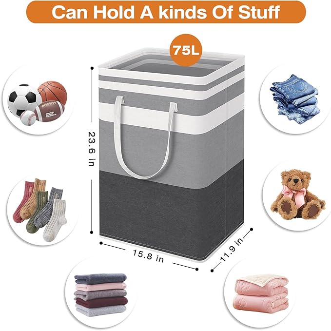 TINGHONG 2-Pack Large Collapsible Laundry Baskets - 75L Freestanding Waterproof Hampers with Reinforced Handles for Clothes, Toys, and More - Ideal for Dorms and Family Use (Gradient Grey)