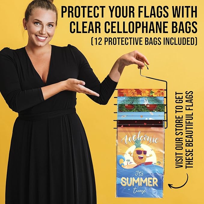 Garden Flags Hangers 2Pack with 15 Cellophane Bags, Garden Flag Storage, Organizer Holder, Heavy Duty Multi Layers Space Saving, Non Slip 6 Tier Open Ended Hangers for Multi use, Pants Organizer