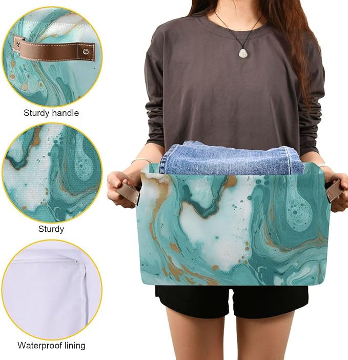 Turquoise Marble Texture Basket Bin, Large Storage Basket for Toy, Canvas Storage Basket for Clothes, Decorative Basket for Home Office (15x11x9.5inch)