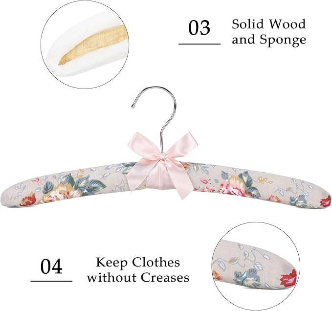 NEOVIVA Padded Hangers for Women - Floral Clothes Hangers, No Shoulder Bump Hangers for Adults - Sweaters, Dresses, Suits (Pack of 5)