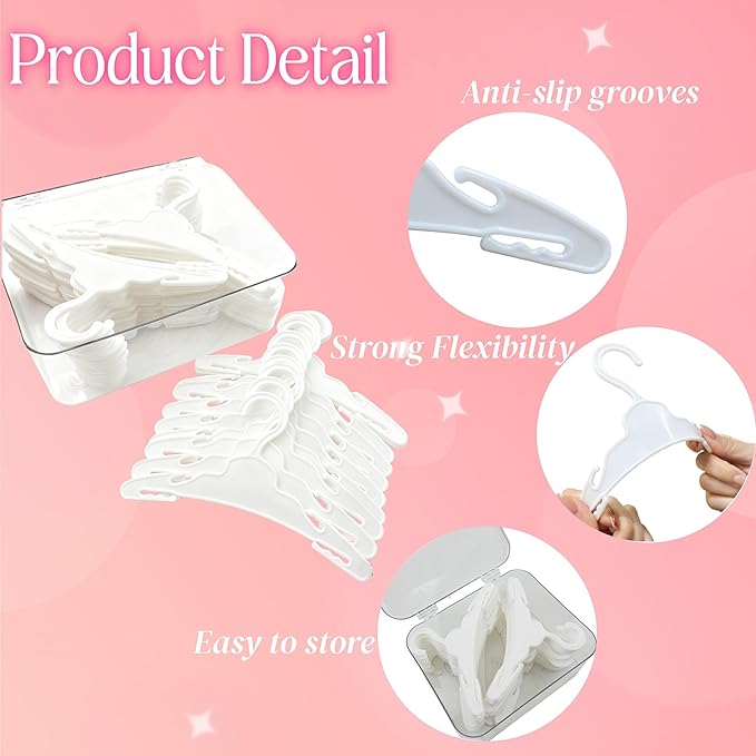 50 Pack Doll Clothes Hangers with Clear Storage Box – Ideal for Doll Outfits, 18 Inch Doll Furniture & Dolls’ Closet Organization