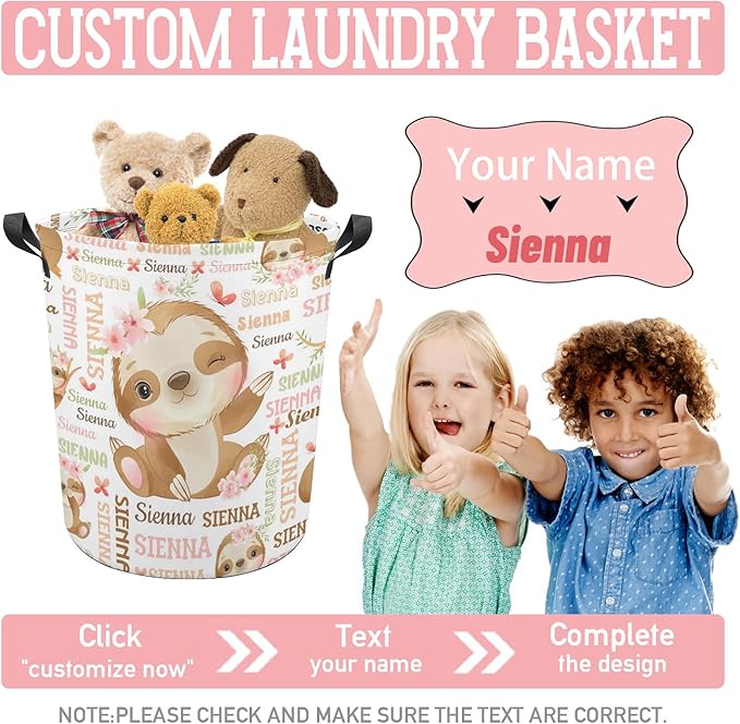 Sloth Laundry Basket,Personalized Laundry Hamper for Boys Girls,Custom Laundry Basket With Name, Customized Dirty Clothes Hamper for Bathroom Bedrooms,S-16.5"X 13.8"