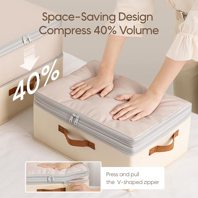 Large Closet Storage Bins - Compression Organizer Bins, Stackable Closet Organizer, Expandable Under Bed Storage Containers for Clothes, Towels, Sheet, 4 Pack, Beige