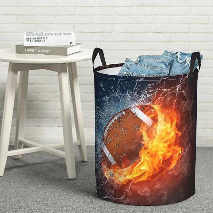 Dujiea Football Ball In Fire And Water Laundry Basket Round With Handle, Collapsible Foldable Canvas Storage Bin Dirty Clothes Bag For Laundry/Toys Organizer/College Dorm/Nursery/Decor(2 Sizes)