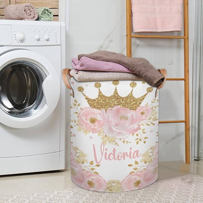 Personalized Laundry Basket, Custom Gift Laundry Hamper, Collapsible Nursery Waterproof Laundry Baskets, Dirty Clothes Toy Hamper with Handles Pink Floral Gold Crown
