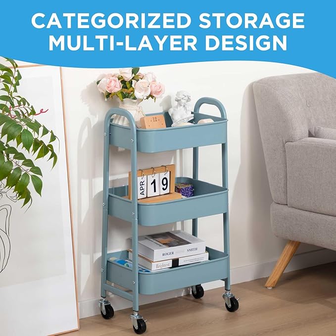 AGTEK 3 Tier Utility Rolling Cart with Lockable Wheels, Metal Multifunctional Storage, Organizer Cart for Kitchen, Office, Living Room, Makeup, Craft, Art Studio, Light Blue
