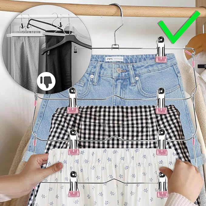 Skirt Pants Hangers with Clips，6Tier Skirt Hangers Space Saving,Metal,Non Slip Closet Organizer and Storage Multi Clothes Shorts Hanger Organization(2, Pink)