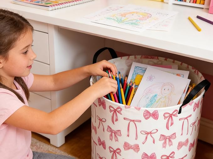 Kids Laundry Basket Animal Hamper for Nursery Pink Hamper Cute Kids Storage Bin Organizer Room Decor for Home(Bowknot)