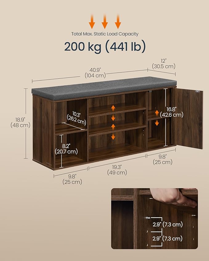 SONGMICS HOME Storage Bench, Superfast Toolless Assembly, 41" Wide Entryway Shoe Bench with Cushion & Adjustable Shelves, Shoe Rack Cabinet, Natural Walnut and Slate Gray ULHS391KE04S