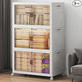 Extra Large Stackable Storage Bins, Lockable Storage Bins with Lids, Folding Storage box with Doors and Wheels, Collapsible Plastic Drawers for Home, Garage, Office (3, White, Large)