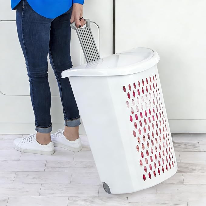 Basket Collection Lidded Wheeled Plastic Laundry Basket Adult-Sized with Handle - for Bedrooms, Dorm Rooms & Laundry Rooms, White