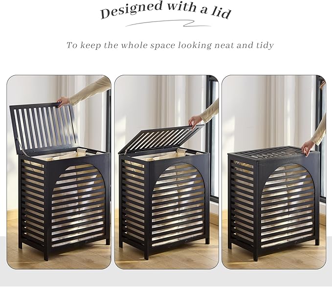 Laundry Hamper with Lid, Bamboo Clothes Laundry Basket with Handles, Removable 2-Section Liner bag, Hampers for Bedroom Aesthetic, Large Storage for Bath Towel, Sheets or Toys, Home (Black)