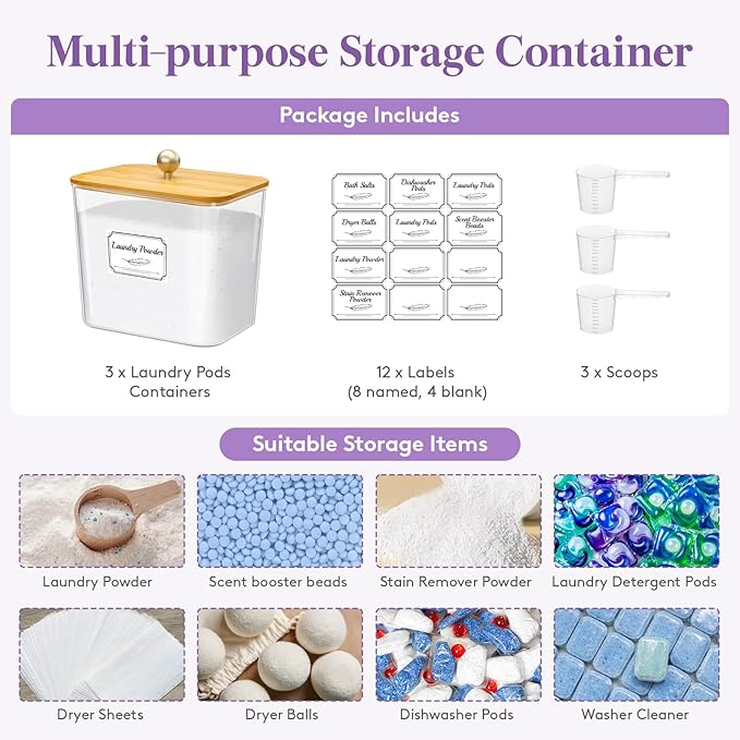 Lifewit Laundry Pods Container with Lid, Dryer Sheet Holder, Room Organization Storage for Coffee Pods Kcup Washing Powder, Scent Booster Beads, 2600 ml/0.7gal，Natural,3 Pcs