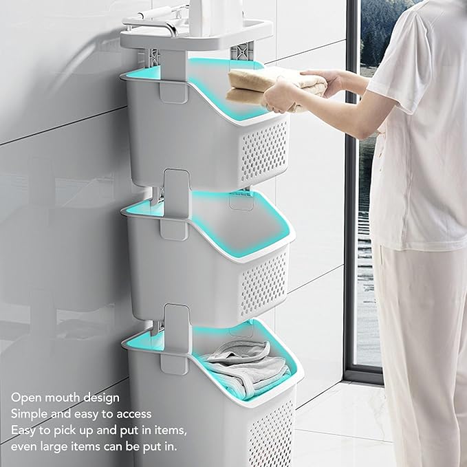 3 Tier Laundry Basket Organizer with Wheels, Tiered Laundry Basket Organizer, with Portable Storage Baskets, for Kitchen Bathroom Bedroom Laundry Room