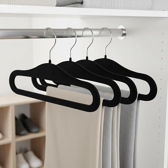 Velvet Pants Hangers,10 Pack Thin Space Saving Clothes Hanger, Non Slip Felt Pants Hangers for Pants Bra Jeans Tank Top(Black)