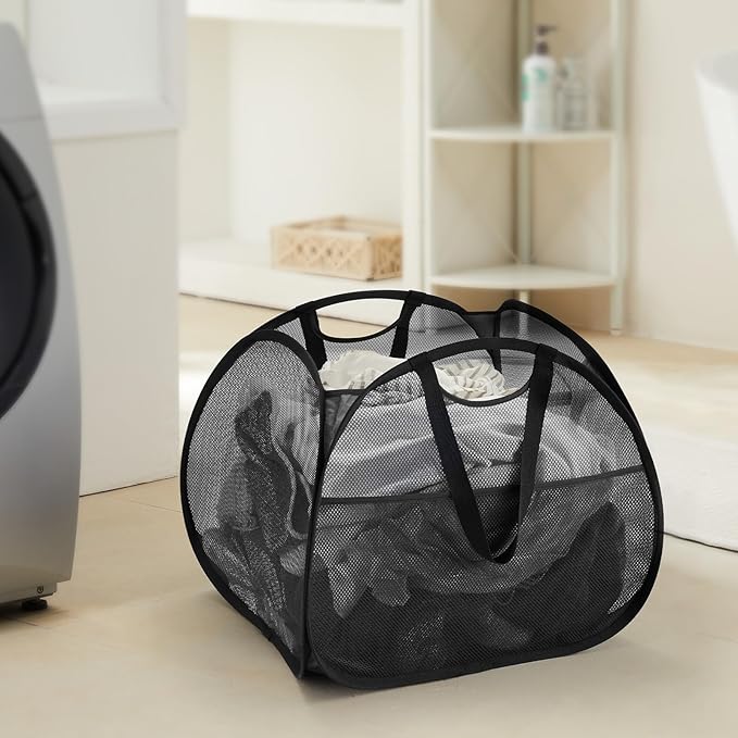 TECHMILLY Collapsible Mesh Pop Up Laundry Hamper with Strong Handles, Large Opening Clothes Hamper with Side Pockets, Storage Baskets for Dorm, Laundry Room, Bathroom or Travel (Black, 90L, 2Pack)