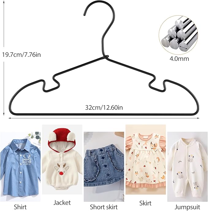 Black Aluminum Space-Saving Kids Hangers, 12.6-Inch Sturdy Metal Hangers for Wardrobe 20 Pack