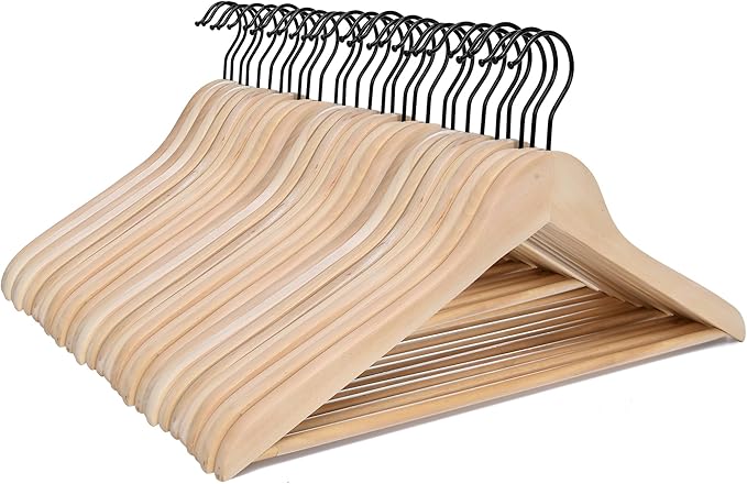 JS HANGER Wooden Coat Hangers, 30 Pack High Grade Wood Suit Hangers with Non Slip Pant Bar - Extra Smooth and Splinter Free, Unvarnished