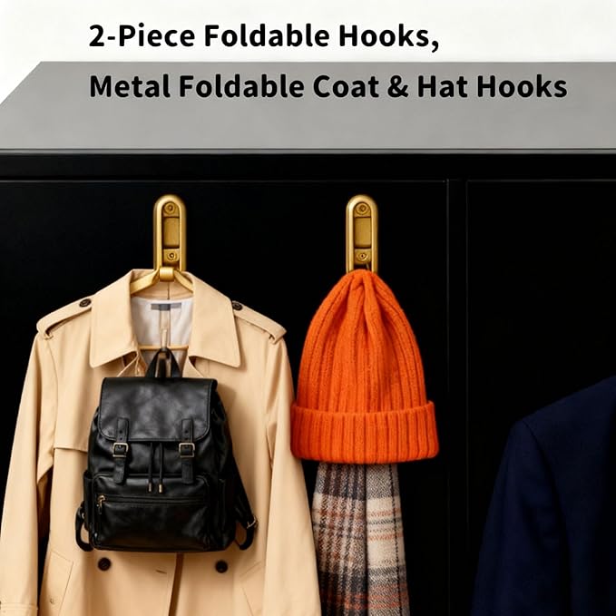 2PCS Folding Coat Hooks,Gold Wall Hooks for Hanging – 2 Folding Coat Hooks, Flip Down Heavy Duty Hooks Robe Hook Wall Mounted for Clothes, Towels, Hats & More