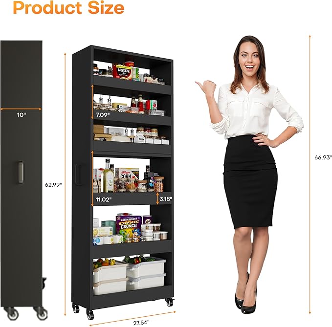 Slim Storage Cart, Lightweight 6 Tier Metal Rolling Utility Kitchen Cart on Wheels, Mobile Storage Shelving Unit Organizer for Bathroom Laundry Office Narrow Places (Black, 10" D)