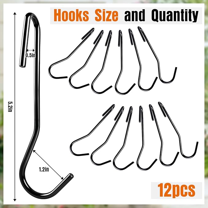 12 Pack Heavy Duty S Hooks, Black Pot Rack Holder Hanger Hooks Wire Shelf Hooks for Hanging Kitchen Utensils, Pots, Pans, Clothes, Towels, Plants with 90 Degree Twist Angled