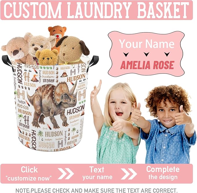 Dinosaur Laundry Basket,Custom Laundry Hamper with Name,Personalized Dinosaur Gifts for Boys Girls,Customize Collapsible Laundry Basket for Bedroom Bathroom,S-16.5"x 13.8"