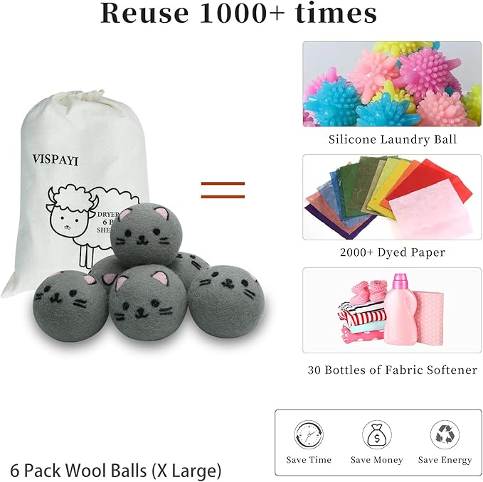 Dryer Balls Laundry Reusable - XL Wool Dryer Balls - Handmade Cute, Extra Large Dryer Balls, Shorten Drying Time, Organic Wool - Dry 1000+ Loads (Gray Cat)