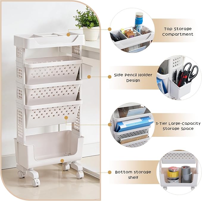 AGTEK 5-Tier Rolling Cart Study, Book Storage Cart, Magazine Rack, Slim Design, Top Shelf, Office Bookcase, Living Room Storage Rack, Large Capacity, Classroom, White