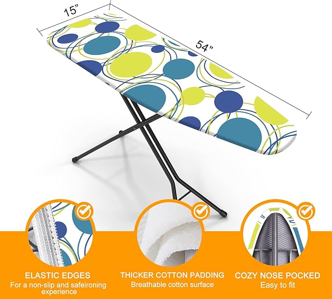 Ironing Board Cover and Pad, Standard Size 15" x 54" Iron Board Replacement Cover, 4 Layers Extra Thick Iron Board Cover Resist Scorching and Staining with Elastic Edge and 2 Fastener Straps