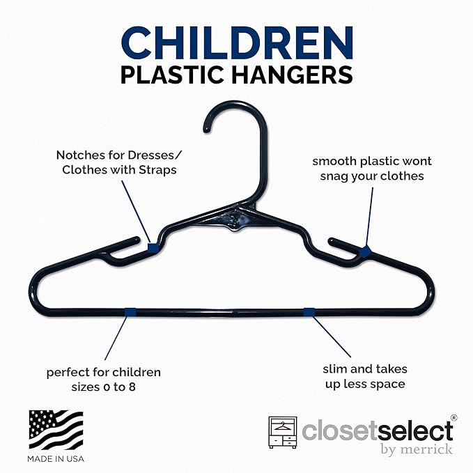 Childrens Hangers 30 Pack - 11.75 Inch Plastic Kids Hangers for Closet, Baby Hangers for Children Clothes Sizes 0 to 8, Non-Slip Infant Hangers with Shoulder Grooves, Made in USA | Black