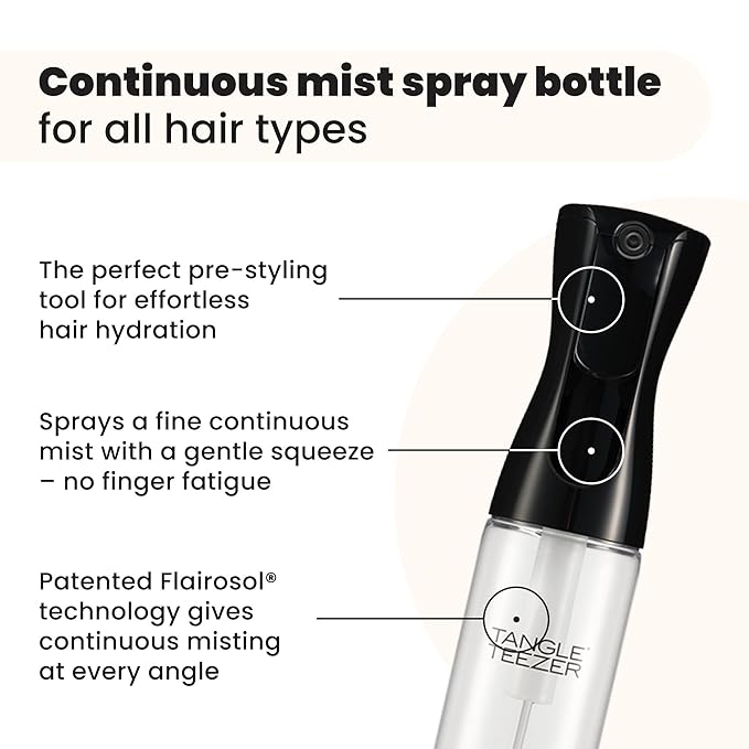 TANGLE TEEZER Fine Mist Continuous Spray Bottle, Reusable and Refillable, for Hair Detangling and Styling, 10.1 oz, Black