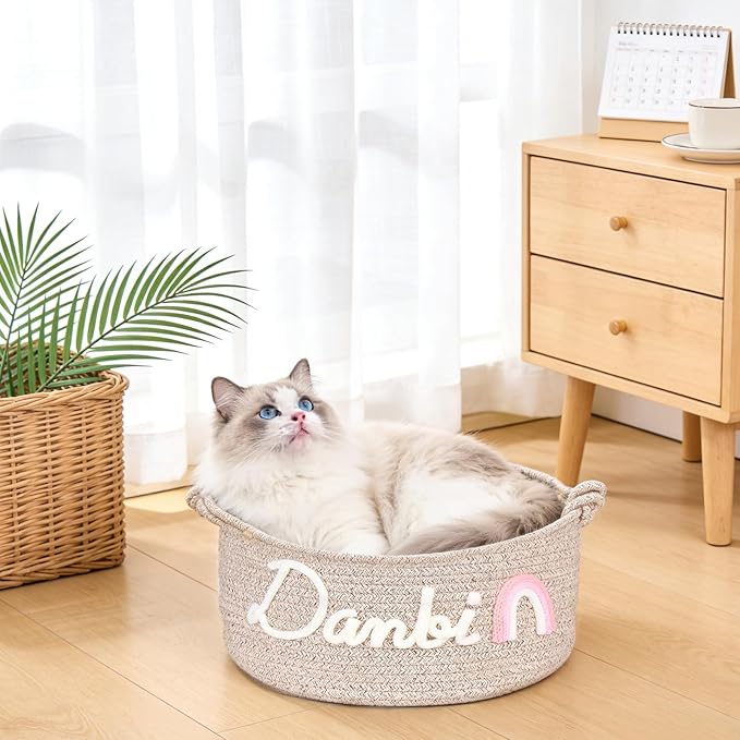 Personalized Dog Cat Toy Basket with Embroidery Name, Customized Puppy & Kitten Toy Storage Bins, Cute Handmade Cotton Rope Organizer for Snacks, Pet Supplies, Easter Birthday Gifts Basket for Pets