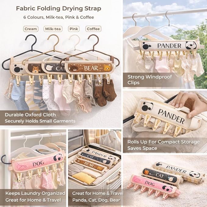 FOLAI 4-Pack Portable Fabric Products Travel Hangers Foldable Suitcase Clothespin Small Clothes pin Rack with 6 Clips（Animal-Themed）
