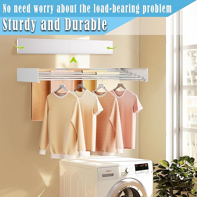 Sleclean Wall Mounted Drying Rack, Clothes Drying Rack, Collapsible Drying Racks for Laundry, Wall Mounted Clothes Rack (White, 40")
