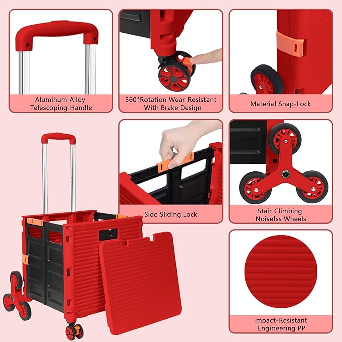 FELICON SELORSS Folding Utility Cart Portable Rolling Crate Handcart with Stair Climbing Wheels&360°Swivel Wheels Telescoping Handle Plastic Box Dolly for Travel Shop Move Office Teacher Use(Red)